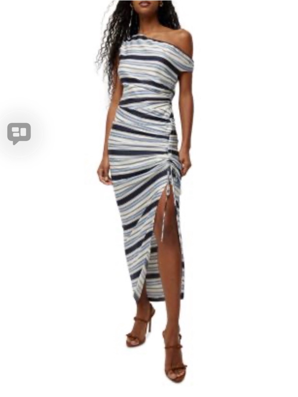 Veronica Beard One-Shoulder Striped Ruched Midi Dress — Navy, White & Cream - Picture 2 of 7
